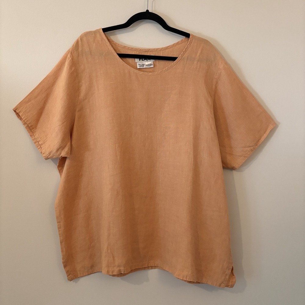 Flax 100% Linen Boxy Shirt Peach Size L Lagenlook Coastal Minimalist Oversized